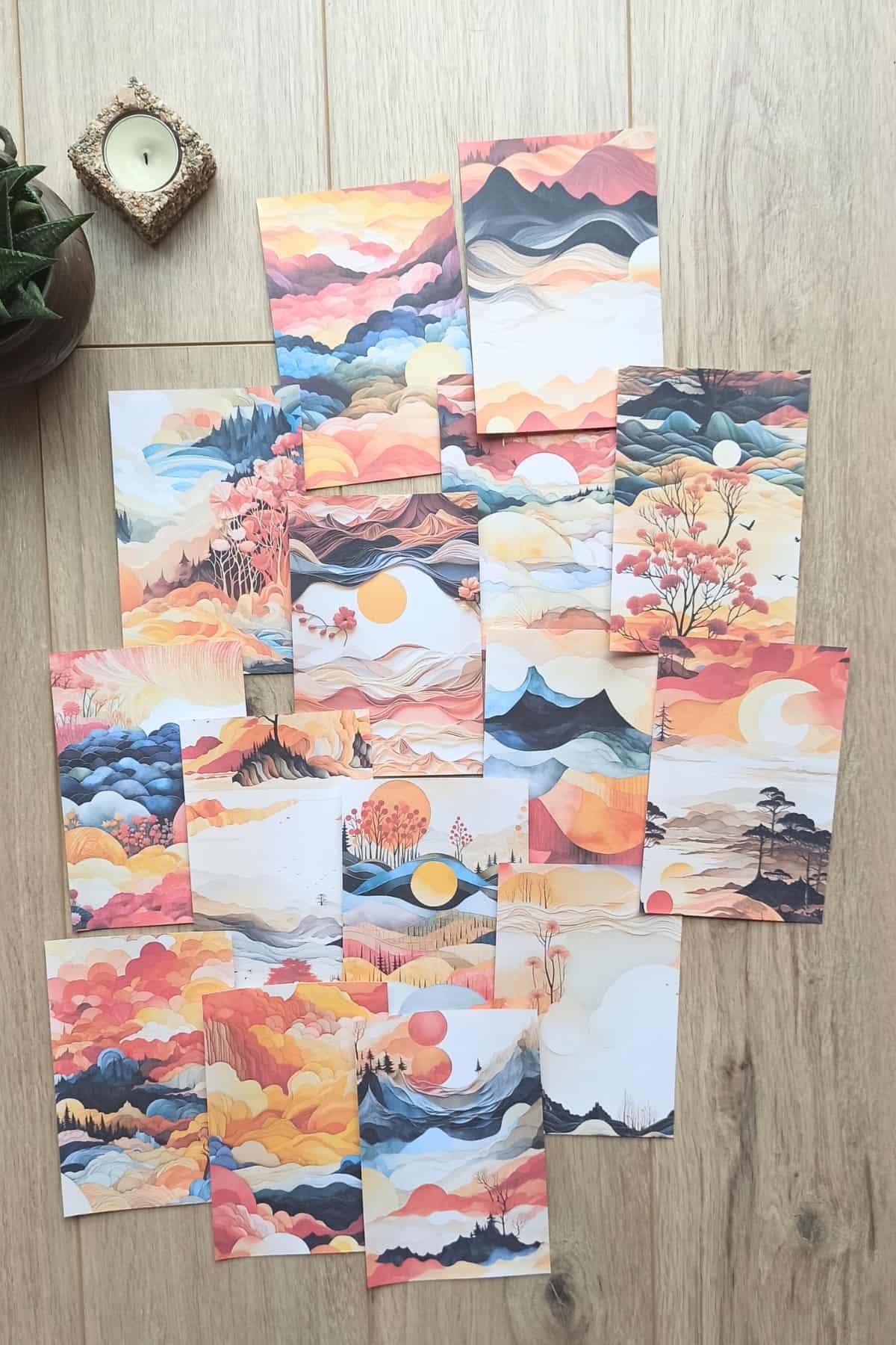 15 Adet Turuncu Gündoğumu Temalı Scrapbook Kağıt Seti Bullet Journal Dekupaj Kağıdı