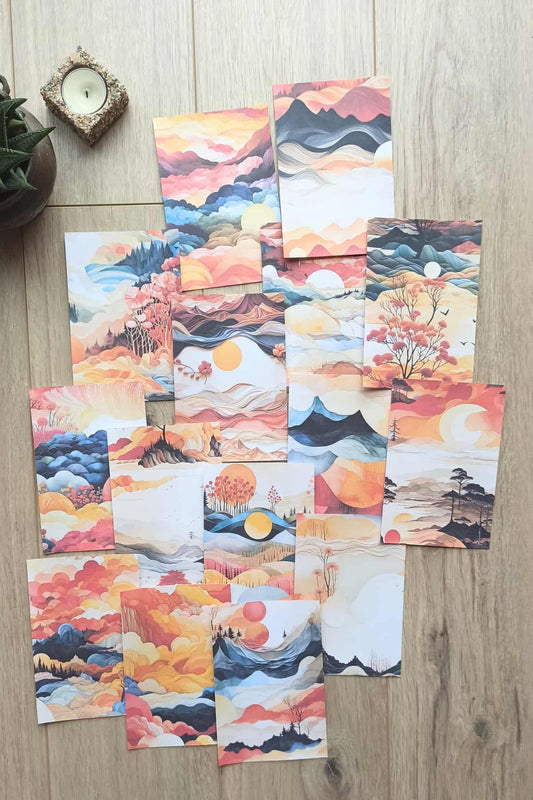 15 Adet Turuncu Gündoğumu Temalı Scrapbook Kağıt Seti Bullet Journal Dekupaj Kağıdı