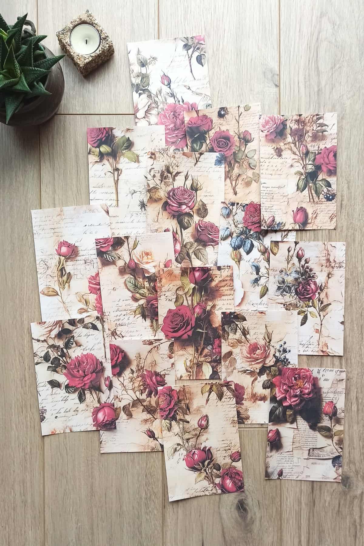 45 Adet Eskitme Vintage Gül Temalı Scrapbook Kağıt Seti Bullet Journal Dekupaj Kağıdı Karışık Renk