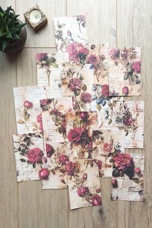 45 Adet Eskitme Vintage Gül Temalı Scrapbook Kağıt Seti Bullet Journal Dekupaj Kağıdı Karışık Renk
