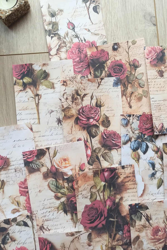 15 Adet Eskitme Vintage Gül Temalı Scrapbook Kağıt Seti Bullet Journal Dekupaj Kağıdı