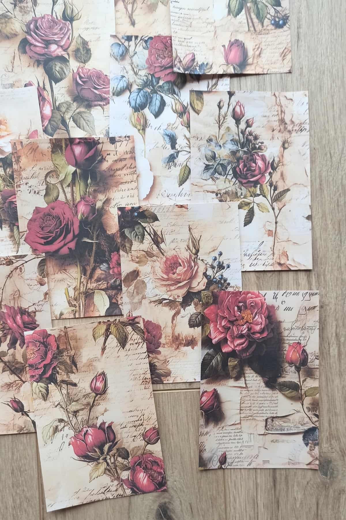 15 Adet Eskitme Vintage Gül Temalı Scrapbook Kağıt Seti Bullet Journal Dekupaj Kağıdı