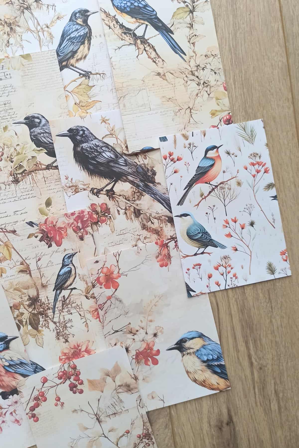 15 Adet Eskitme Vintage Kuş Temalı Scrapbook Kağıt Seti Bullet Journal Dekupaj Kağıdı