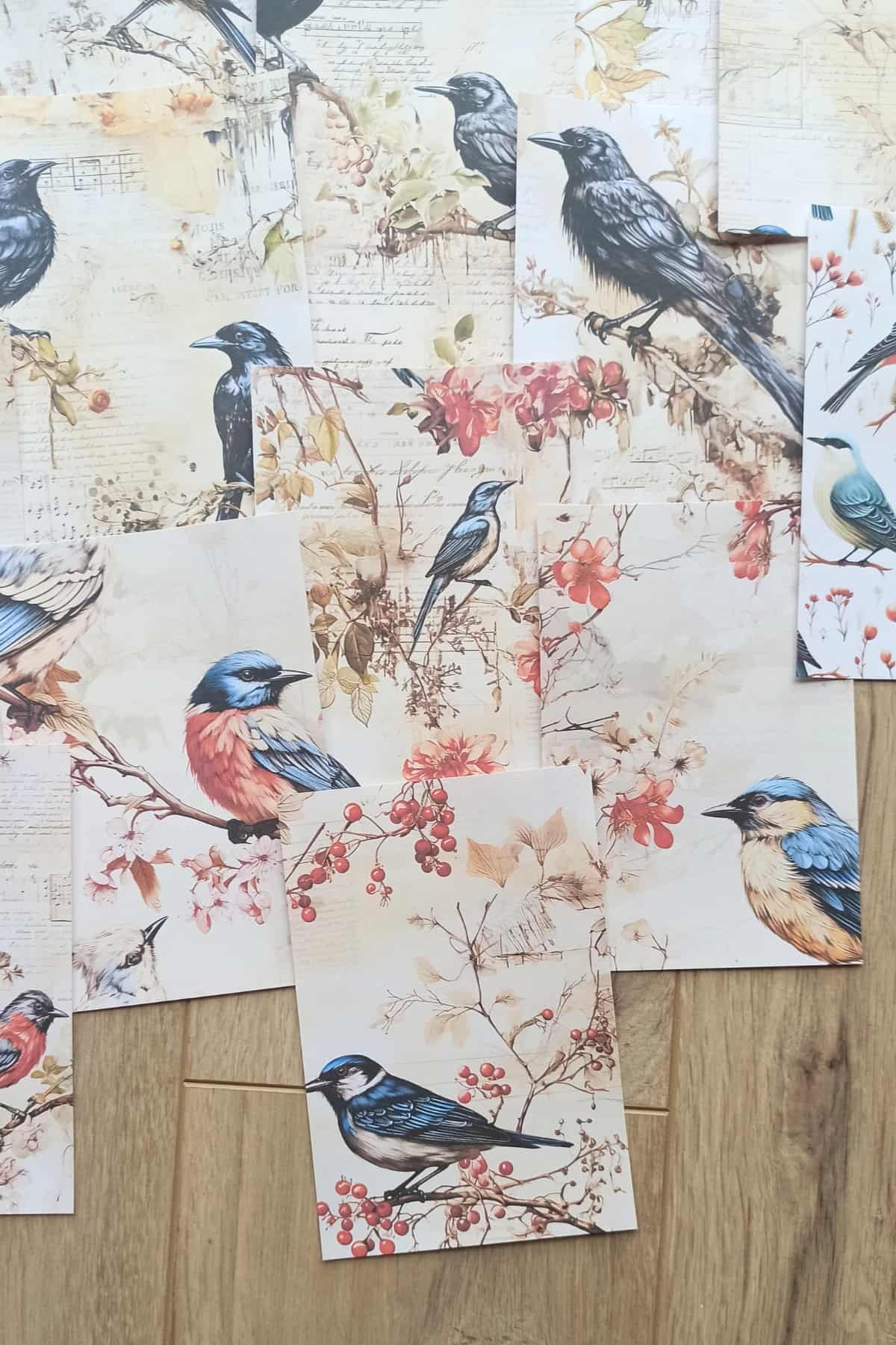 15 Adet Eskitme Vintage Kuş Temalı Scrapbook Kağıt Seti Bullet Journal Dekupaj Kağıdı