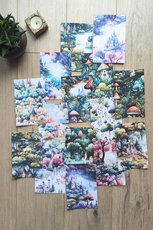 15 Adet Büyülü Orman Temalı Scrapbook Kağıt Seti Bullet Journal Dekupaj Kağıdı