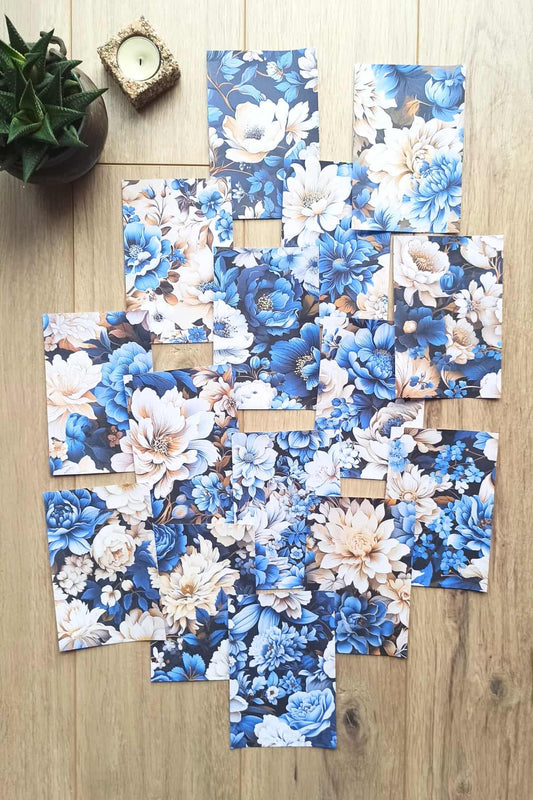 15 Adet Mavi Gül Temalı Scrapbook Kağıt Seti Bullet Journal Dekupaj Kağıdı