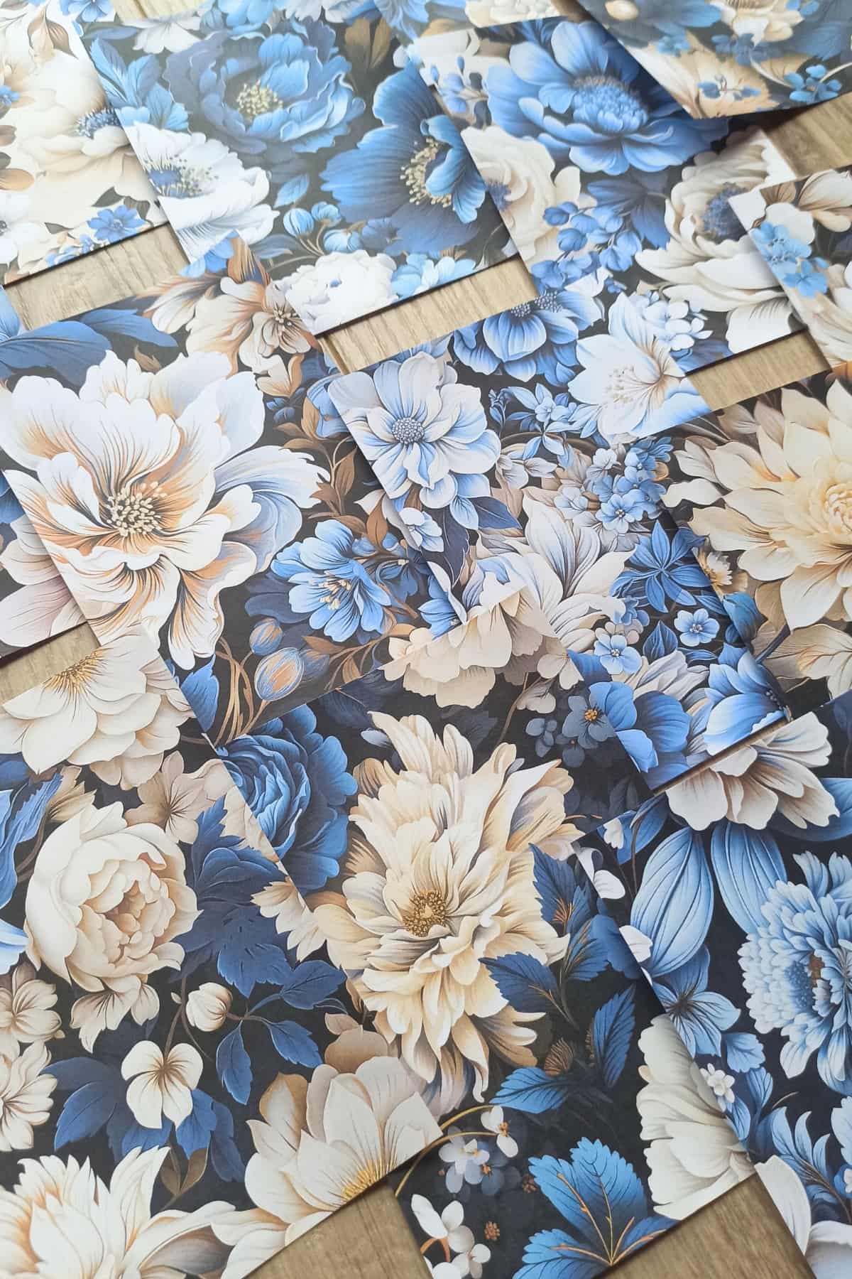 15 Adet Mavi Gül Temalı Scrapbook Kağıt Seti Bullet Journal Dekupaj Kağıdı