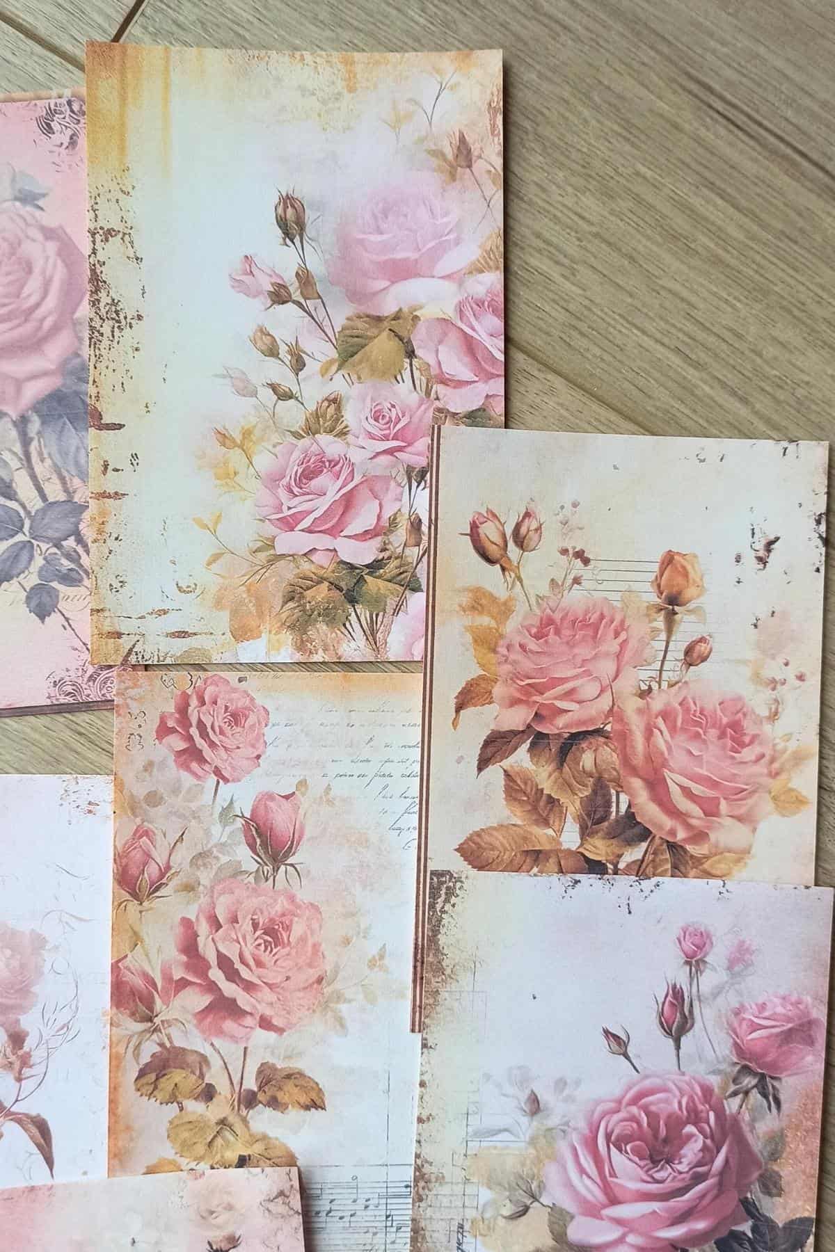 15 Adet Eskitme Vintage Gül Temalı Scrapbook Kağıt Seti Bullet Journal Dekupaj Kağıdı