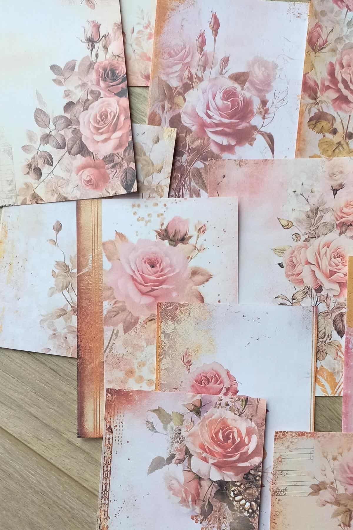 15 Adet Eskitme Vintage Gül Temalı Scrapbook Kağıt Seti Bullet Journal Dekupaj Kağıdı