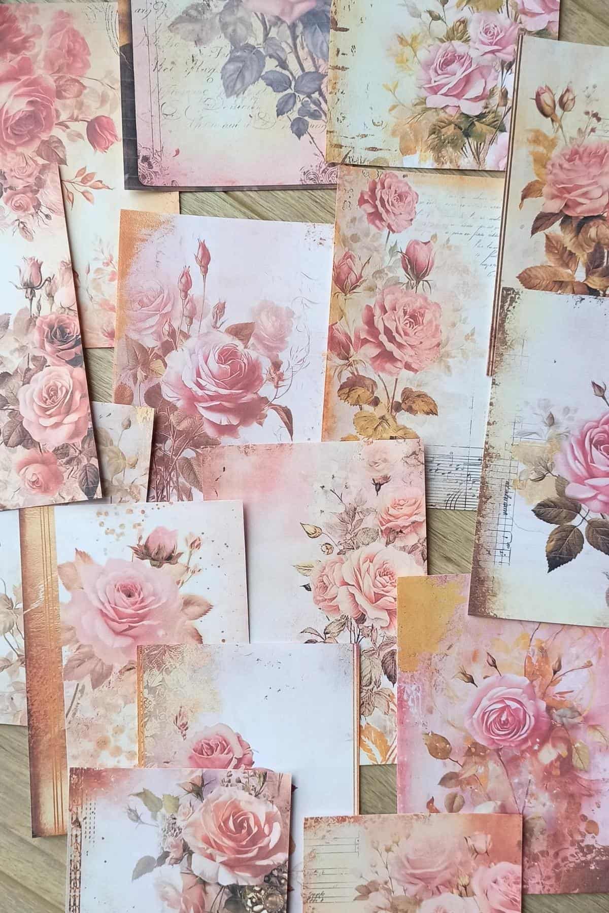 15 Adet Eskitme Vintage Gül Temalı Scrapbook Kağıt Seti Bullet Journal Dekupaj Kağıdı
