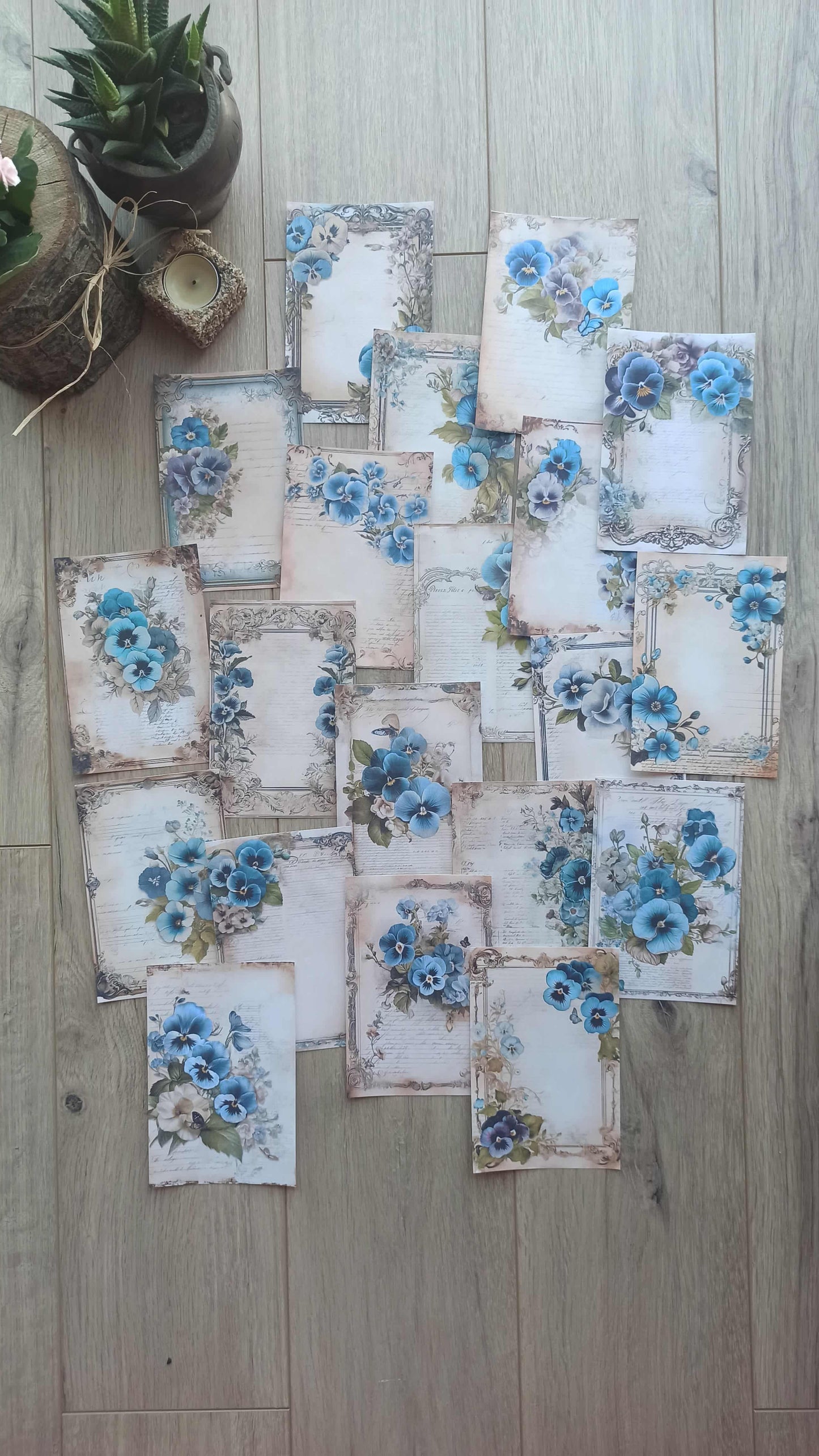 20 Adet Eskitme Vintage Mavi Menekşe Temalı Scrapbook Kağıt Seti Bullet Journal Dekupaj Kağıdı