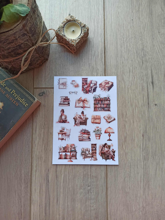 19 Adet Kitap Temalı Sticker Bullet Journal Scrapbook Laptop Sticker Kitap Kız Kahverengi