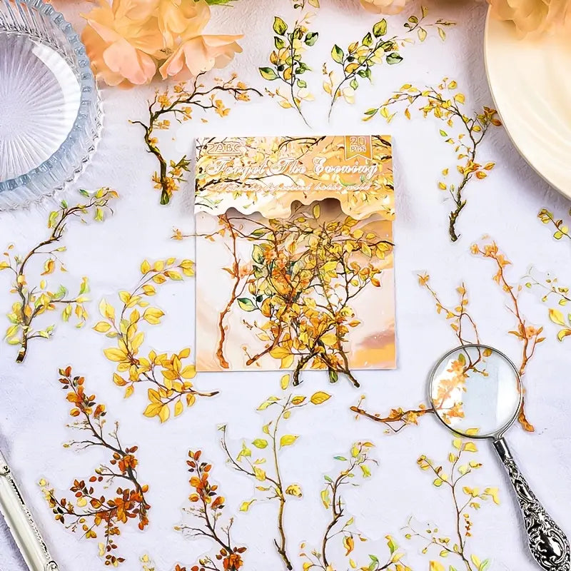 20 Adet Şeffaf Renkli Yapraklı Dal Sticker Seti Bullet Journal Scrapbook Şeffaf Sticker Laptop Ajanda Planlayıcı
