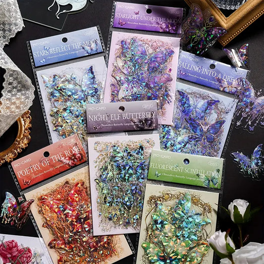 20 Adet Yaldızlı Şeffaf Kelebek Sticker Seti Bullet Journal Scrapbook Şeffaf Holografik Sticker Laptop Ajanda Planlayıcı