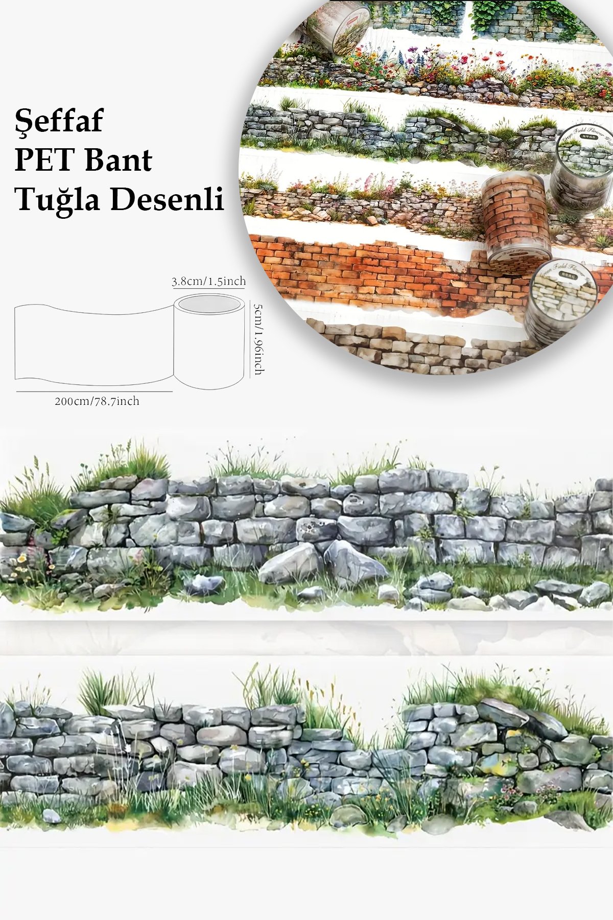 1_org_zoom-1100.jpg Şeffaf Taş Çimen Desen Pet Bant Rulo 5cmx2m Scrapbook Bullet Journal Ajanda Washi Tape - Görsel 1