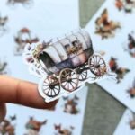 4 Sayfa 50 Adet Vintage Sticker Kelebek Çiçek Fincan At Arabası Sticker Seti