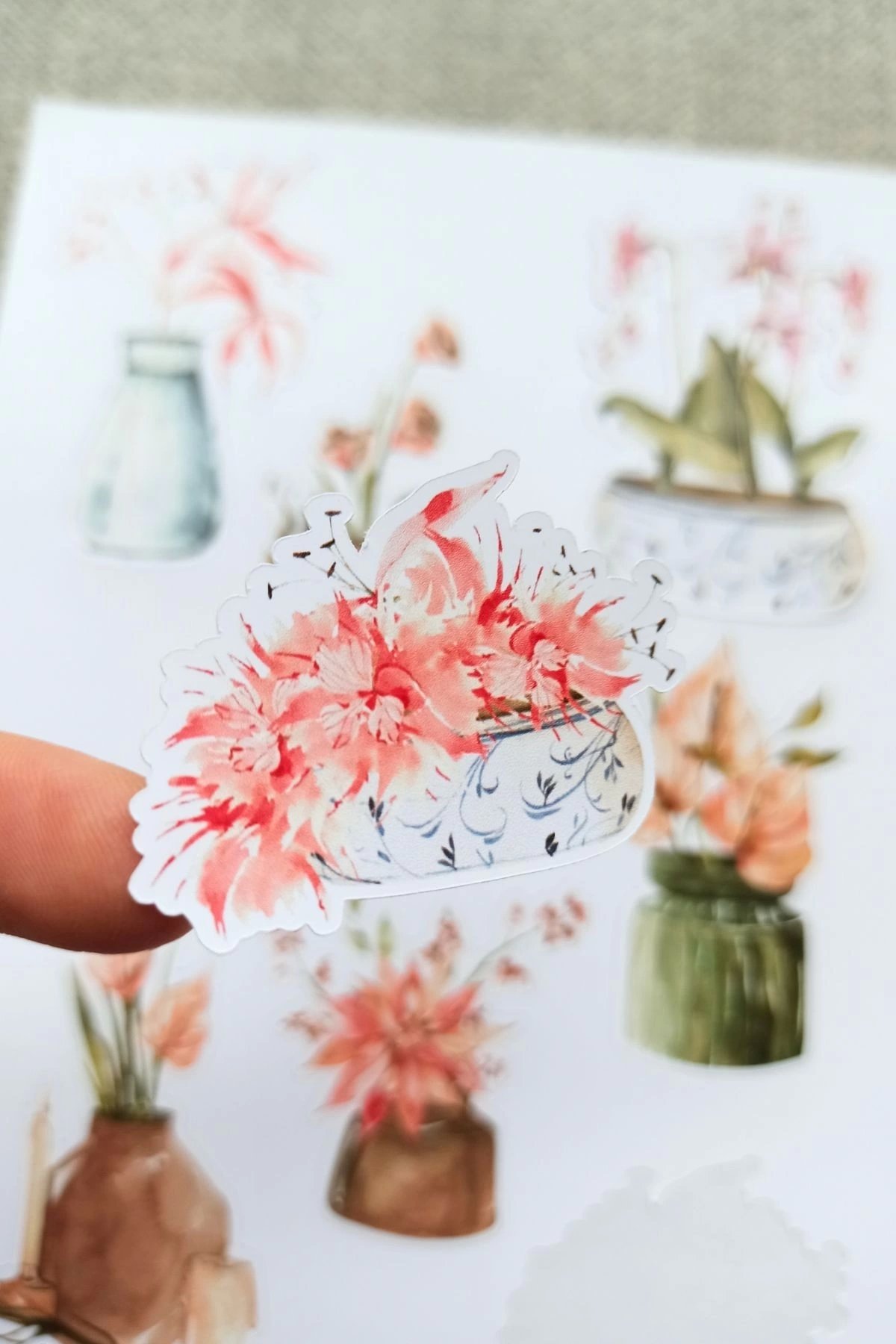 1_org_zoom-1463.jpg 7 Adet Suluboya Vazo Orkide Çiçek Sticker Bullet Journal Scrapbook Laptop Sticker - Görsel 1