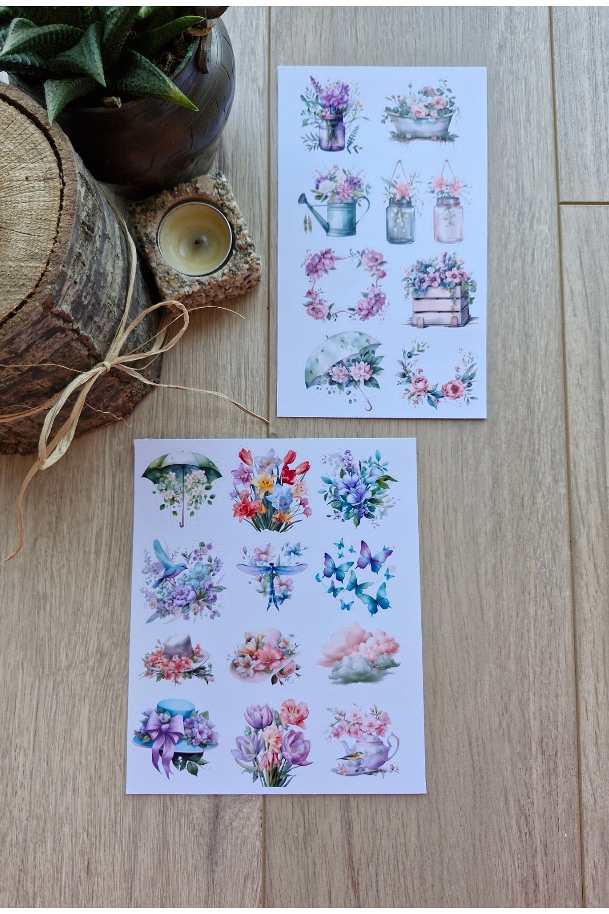 1_org_zoom-2292.jpg 2 Sayfa 20 Adet Pembe Mor Çiçek Sticker Seti Şemsiye Yeşil Şapka Kuş Sticker Vintage Sticker - Görsel 1