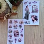 2 Sayfa 21 Adet Mor Temalı Sticker Yeşil Mor Çiçek KIz Sticker Vintage Sticker