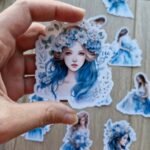 11 Adet Şeffaf Kız Sticker Seti Bullet Journal Scrapbook Laptop Sticker Mavi Çiçek
