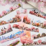 10 Adet Büyük Şeffaf Sakura Manzara Sticker Bullet Journal Scrapbook Ajanda Laptop Şerit